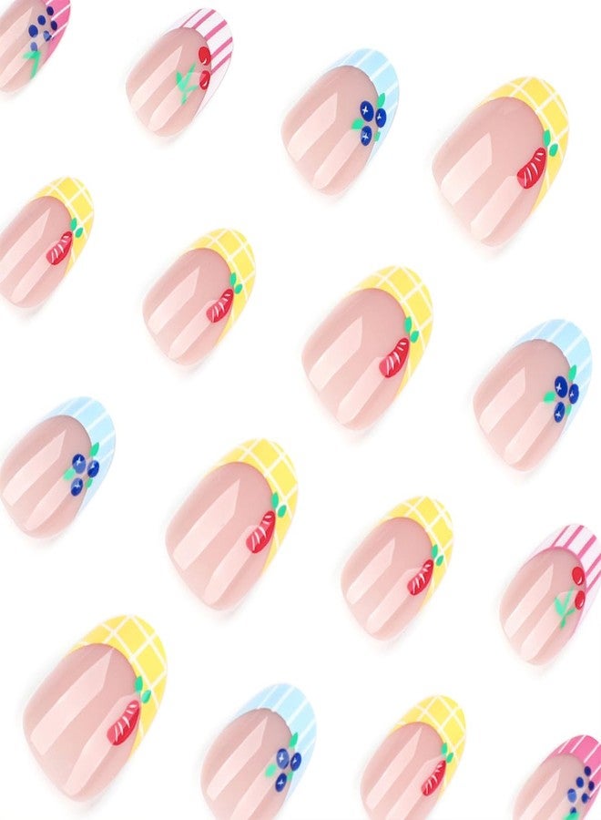 HJKDSFD Summer Press on Nails Short Almond Fake Nails Cute Cartoon Fruit Stick on Nails French Tip Glue on Nails Glossy False Nails Full Cover Acrylic Nails Press on Reusable Nails for Women Girls 24PCS - Image 2